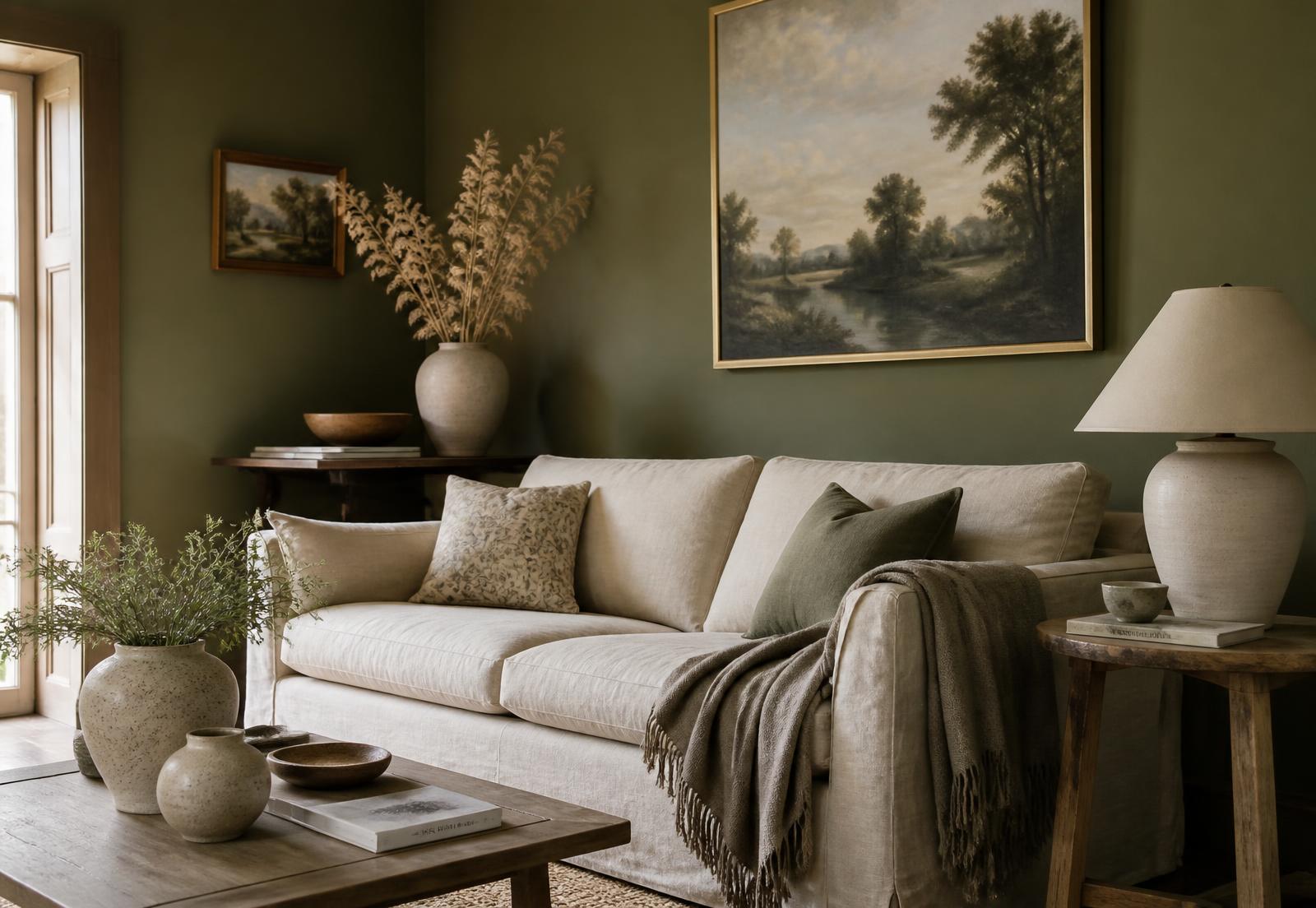 Moss green country living room with linen sofa and stoneware vases