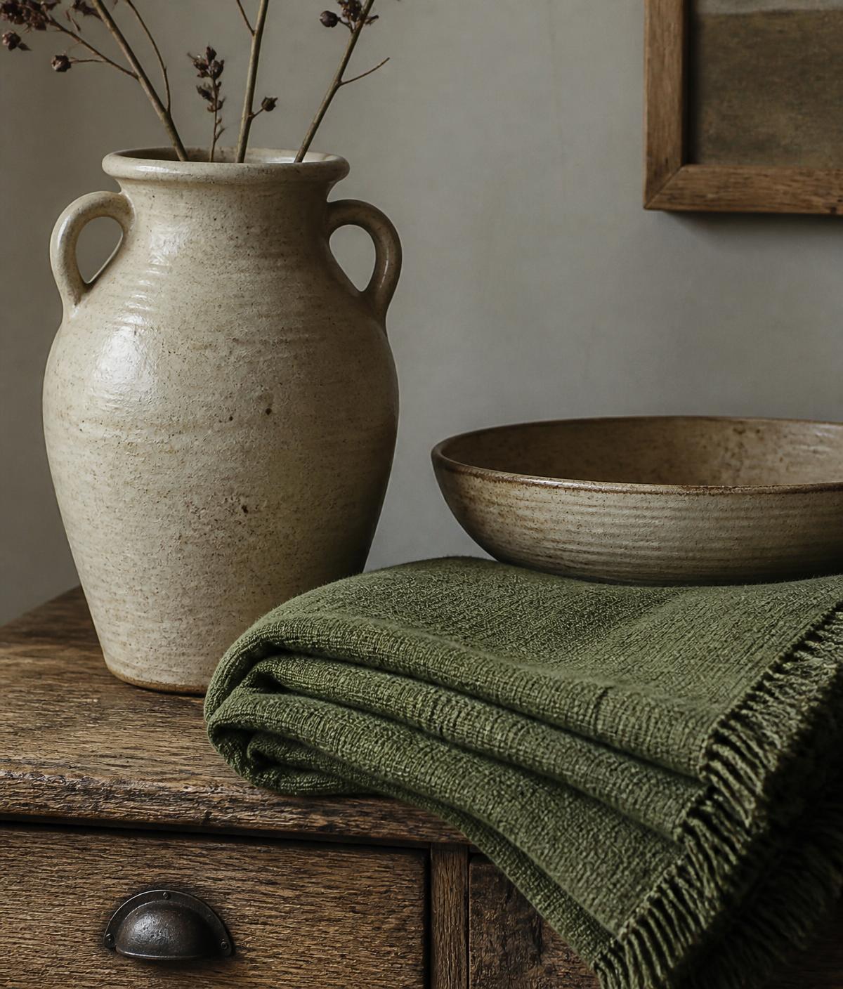 Stoneware vase and folded moss green linen throw on an oak chest